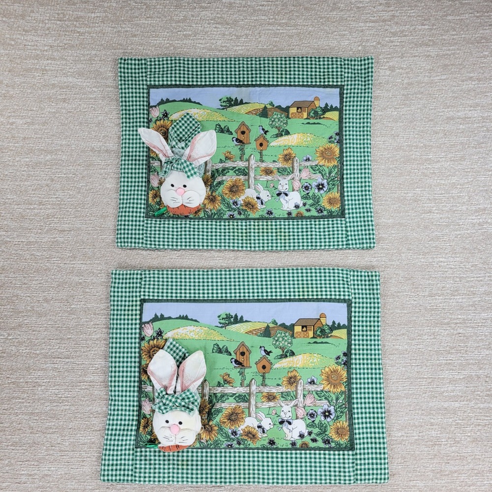 Franco Bunny Easter 3D Placemats & Napkins Set of 2 Gingham Cotton Vintage